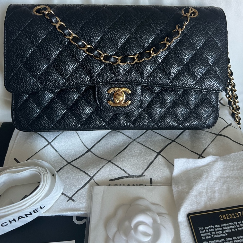 ::SOLD:: Chanel Classic Medium Flap in Caviar with Gold Hardware